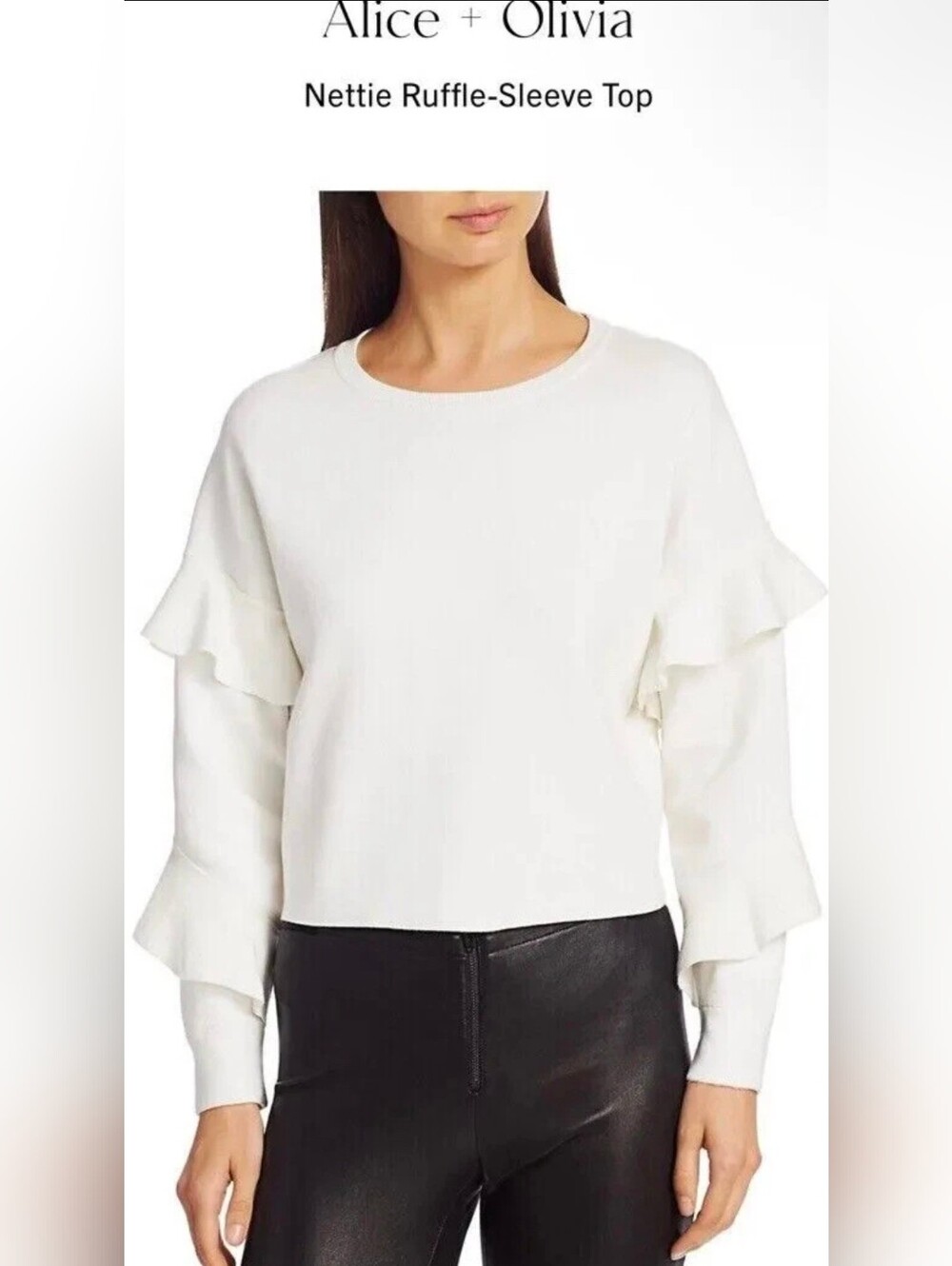 Alice + Olivia White Ruffle-Sleeve Knit Top